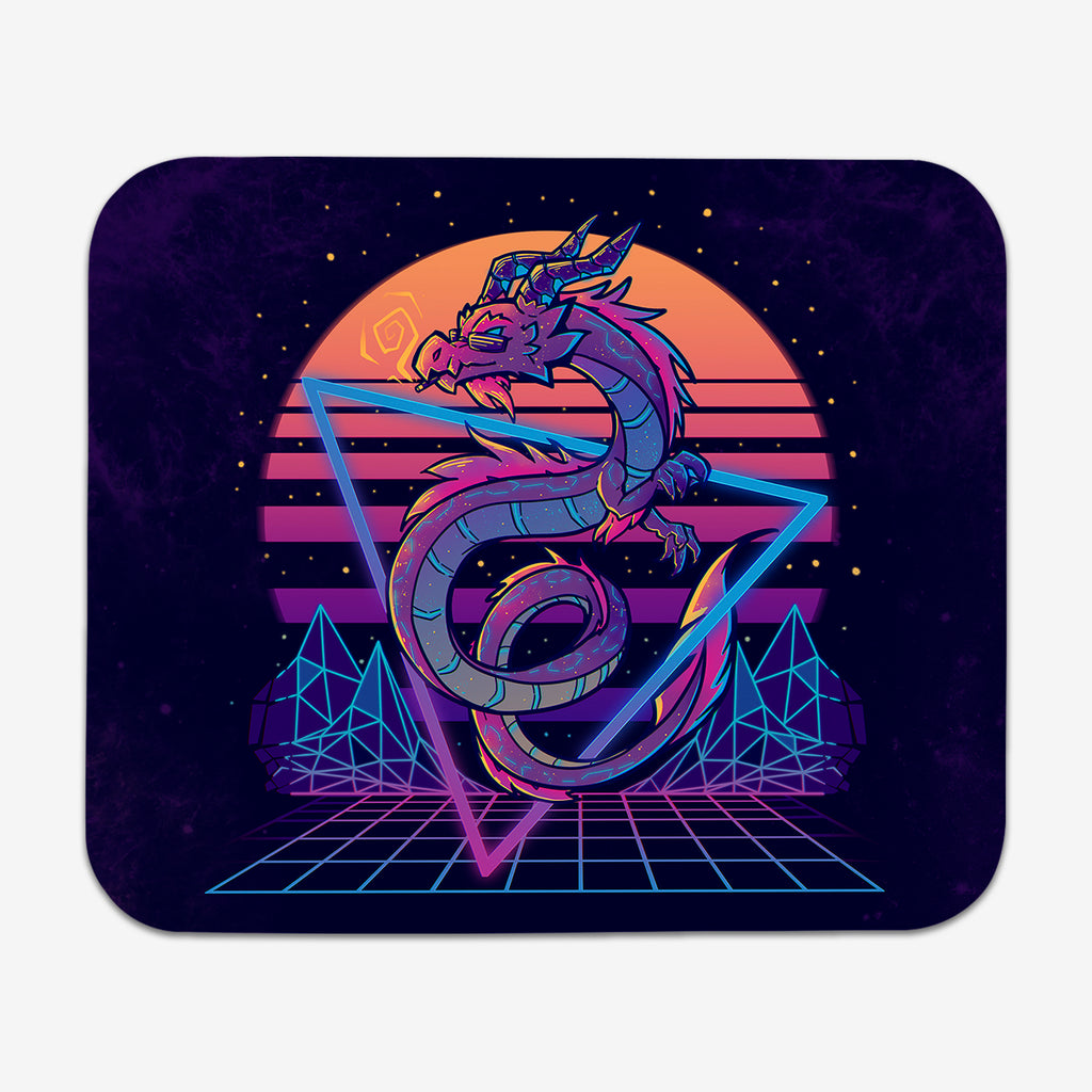 Classic Mousepad of Retrwowave Dragon by TechraNova. A purple dragon wearing sunglasses flies through a triangle with a sunset behind it.