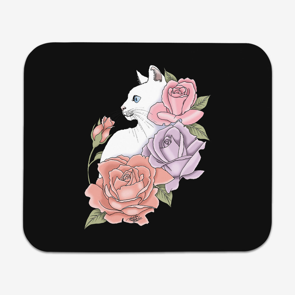 White Cat And Roses Mousepad