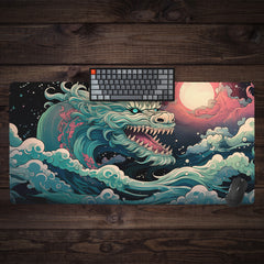 Sky Blue Japanese Water Dragon Extended Mousepad