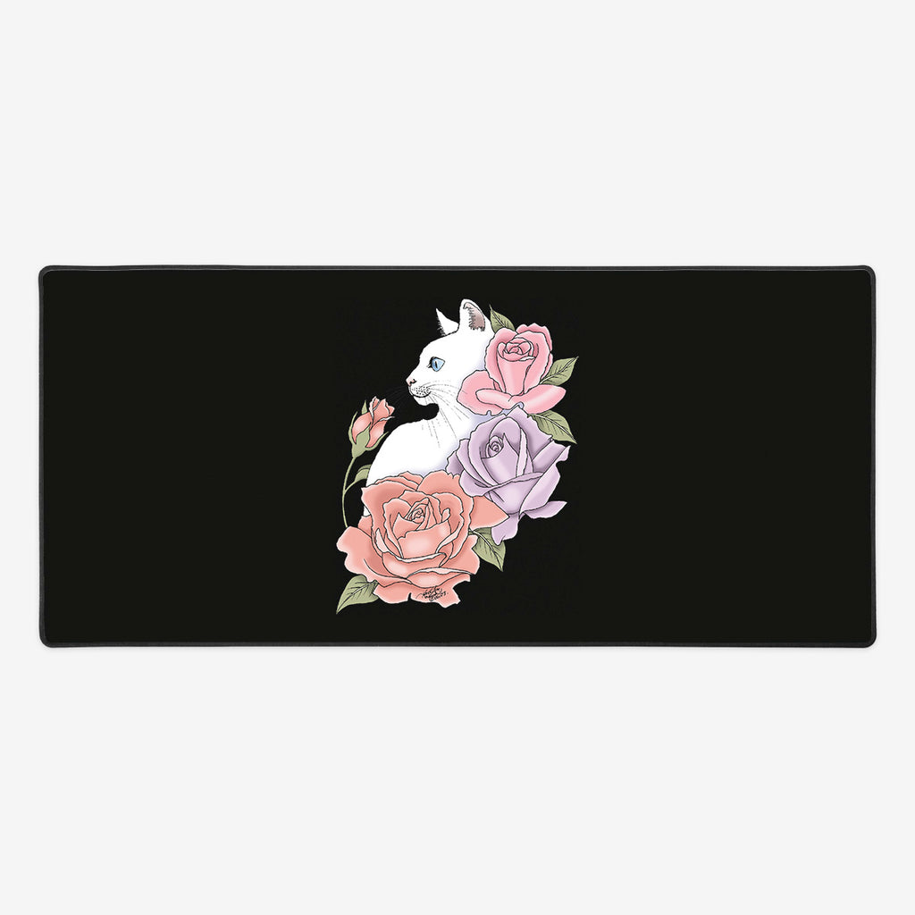 White Cat And Roses Extended Mousepad