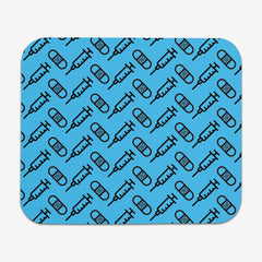 A blue classic mousepad with a black pattern of bandages and vaccines