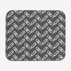 A grey classic mousepad with a white pattern of bandages and vaccines