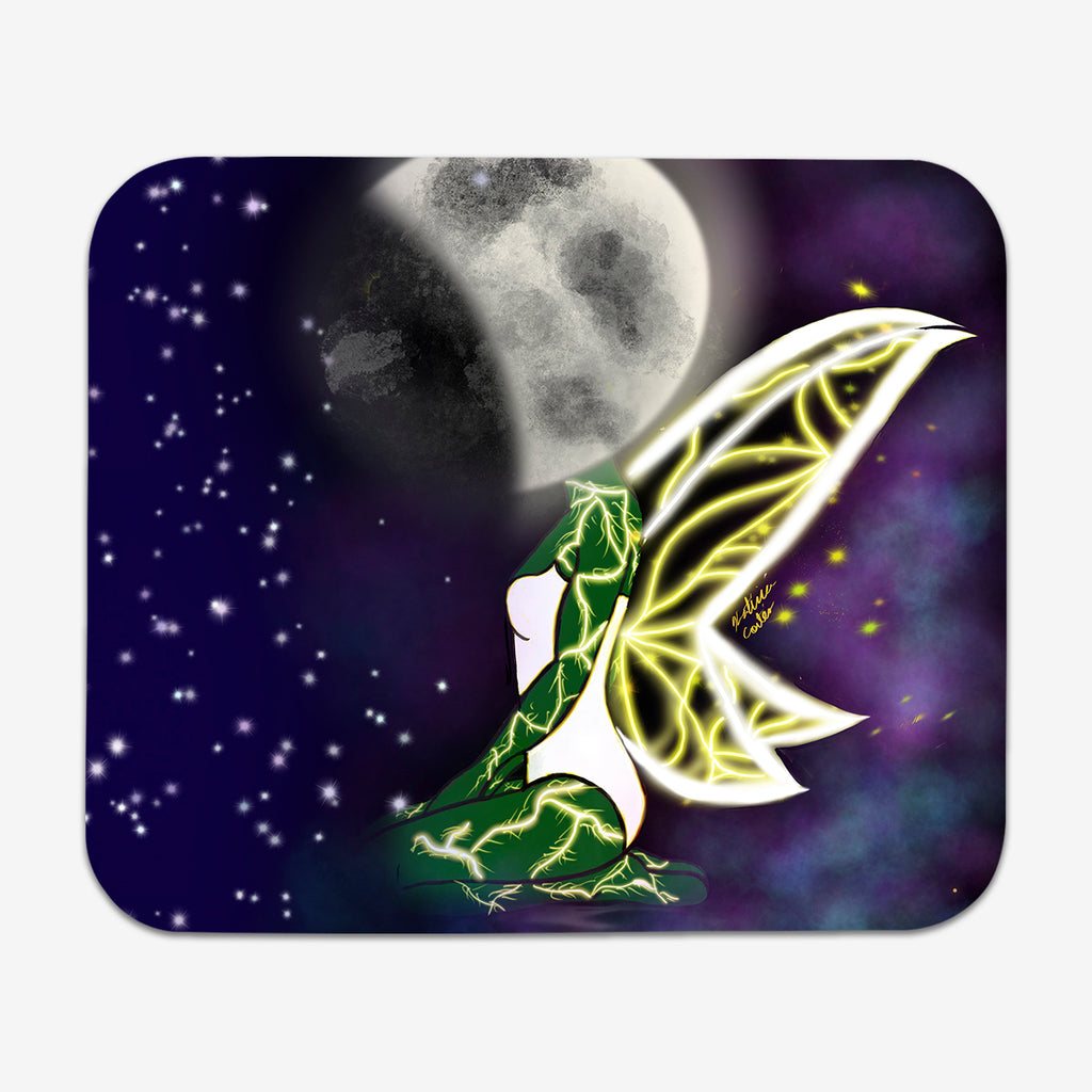Moon Fairy classic mousepad by Katiria Cortes. A fairy dressed in green with yellow wings kneels at the center of this mousepad. The Fairy has a large moon as a head.