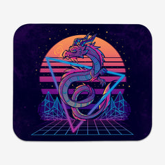Classic Mousepad of Retrwowave Dragon by TechraNova. A purple dragon wearing sunglasses flies through a triangle with a sunset behind it.