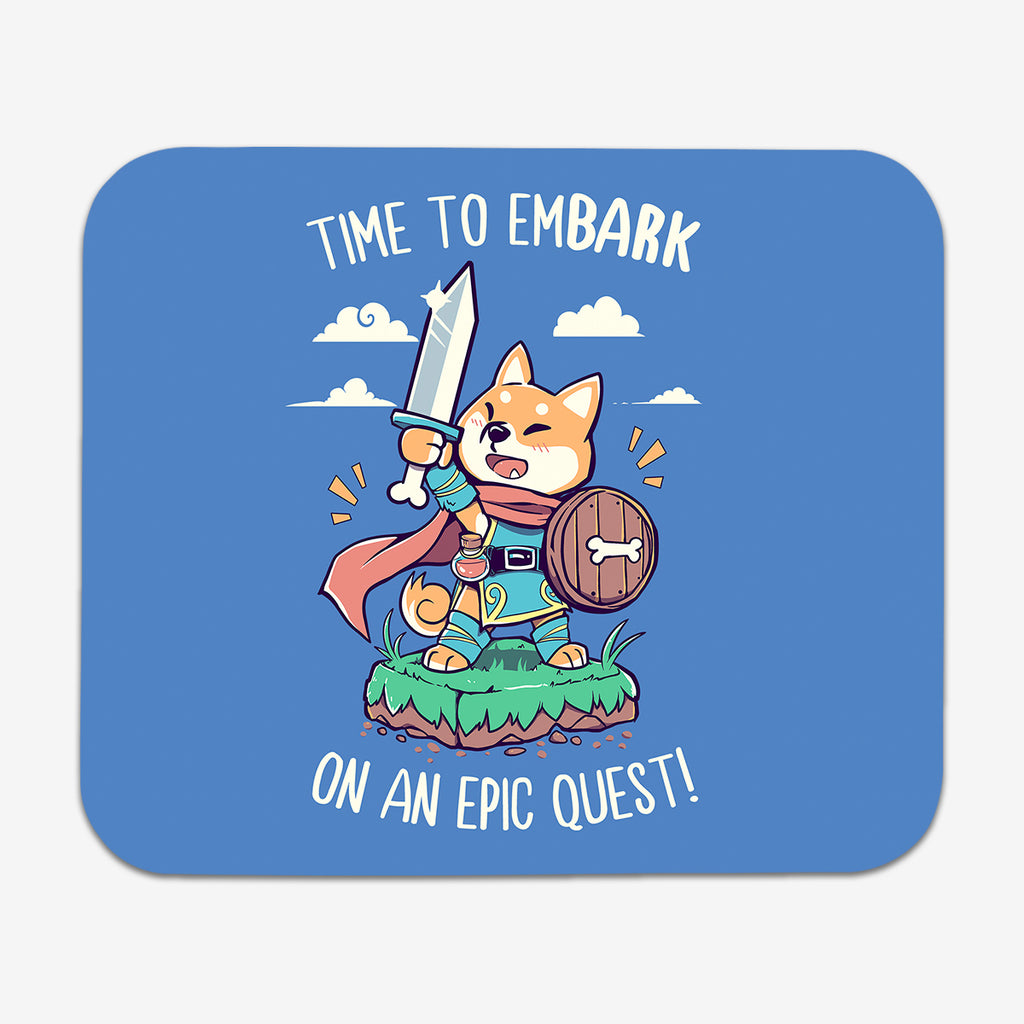 Classic mousepad of Time To EmBARK by TechraNova. A cute dog dresses as an adventurer holds a sword.