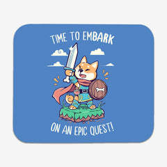Classic mousepad of Time To EmBARK by TechraNova. A cute dog dresses as an adventurer holds a sword.