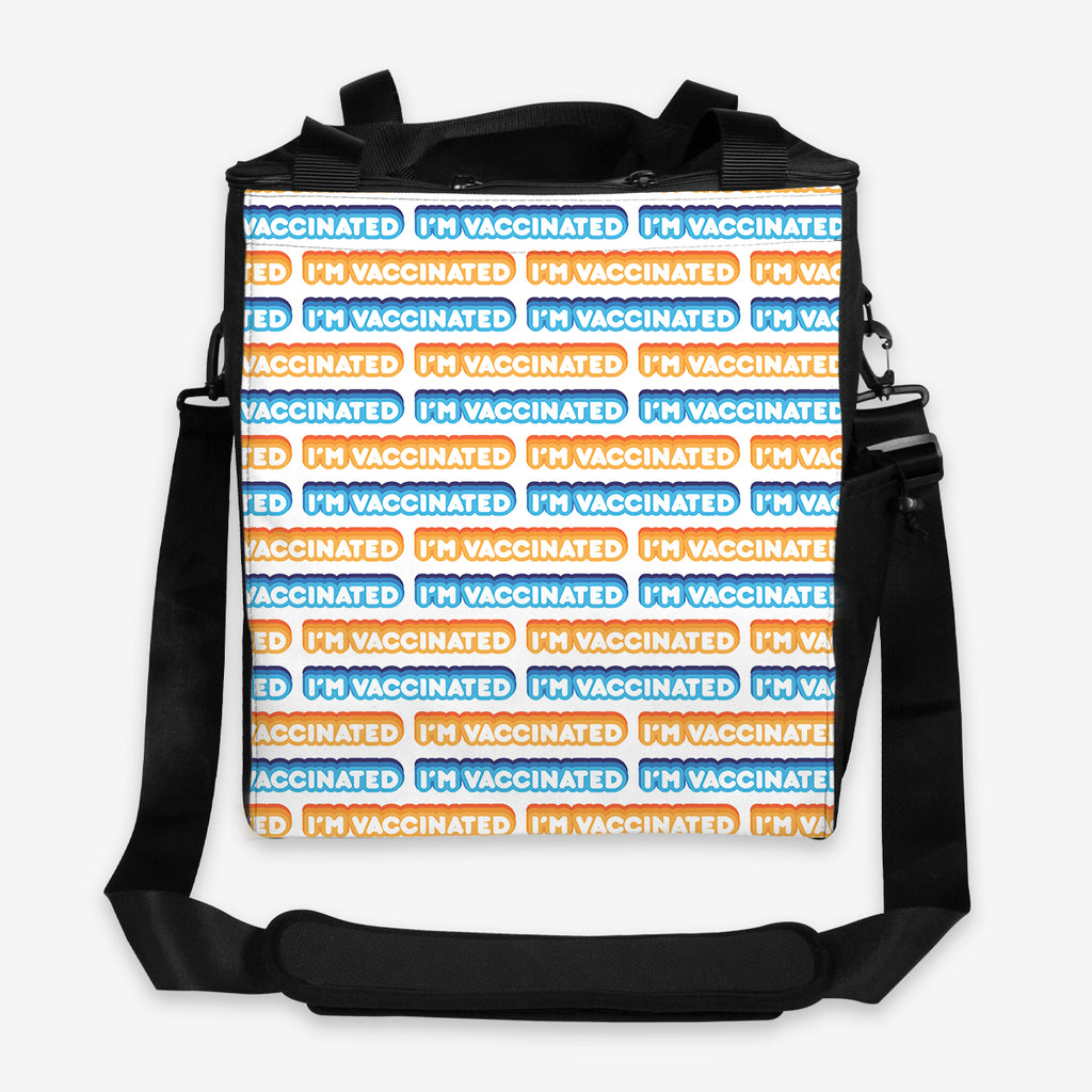 A white gaming crate with an orange, blue, and white bubble text pattern. The text that reads “I’m Vaccinated” is in white. Each of these has orange or blue behind them, from the lightest shade to the darkest shade.