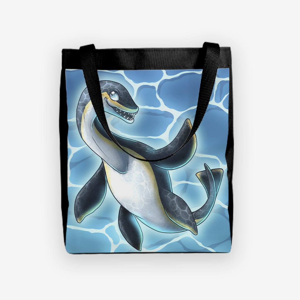 The front of the day tote of Plesiosaurus by Ian Haramaki. A large aquatic dinosaur swims in water. 