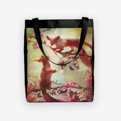 Sunshine Fluffs day tote by Drawing Duskwolf. Two cute red squirrels sit in a tree.
