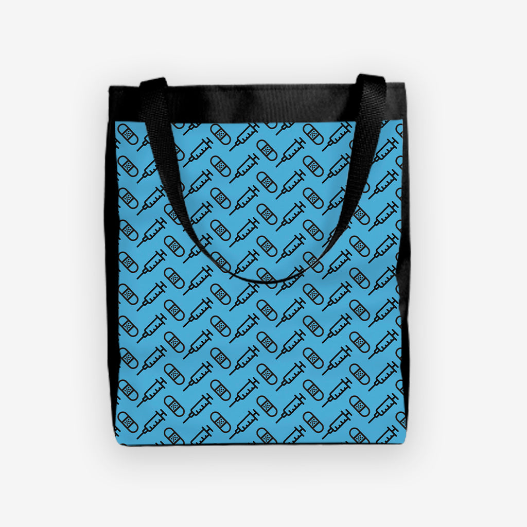 A blue day tote with a black pattern of bandages and vaccines.