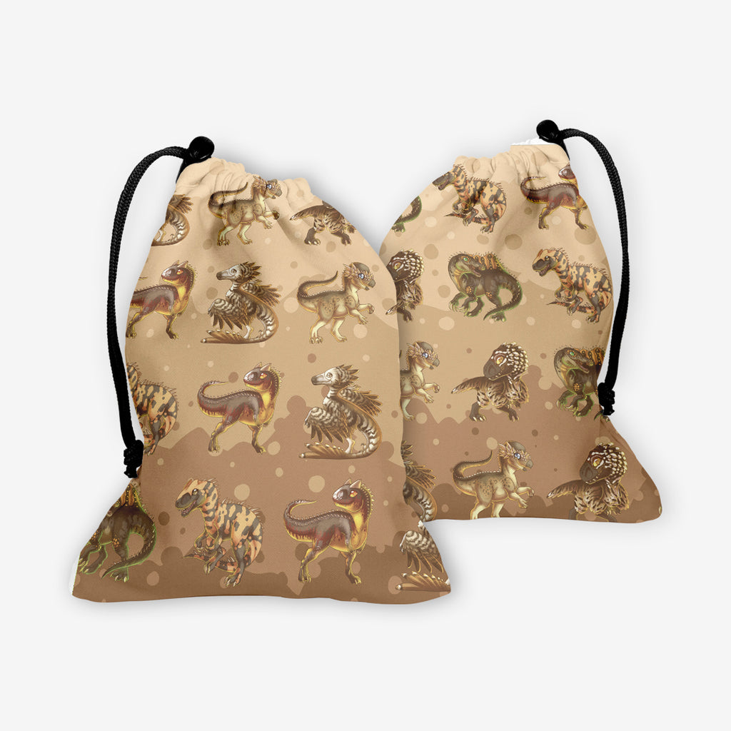 The front and back of the dice bag of Dinos In Beige by Ian Haramaki. Many different cute dinosaurs make a pattern on this dice bag. All of the dinosaurs are in different shades of browns and yellows.