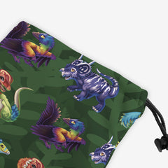 A close up of the top of the dice bag of Dinos In Vibrance by Ian Haramaki.