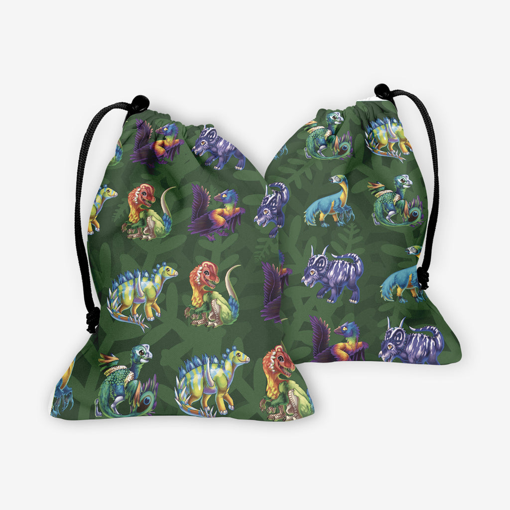 The front and back of the dice bag of Dinos In Vibrance by Ian Haramaki. Many different feathered dinosaurs make a pattern on is dice bag. The background is a green texture with leaves. 
