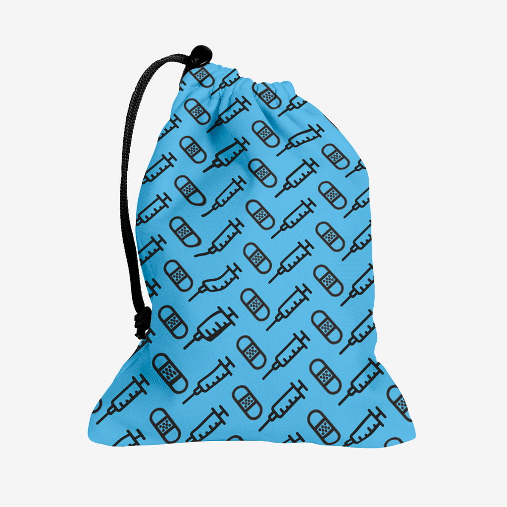 A blue dice bag with a black pattern of bandages and vaccines.