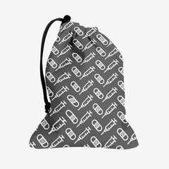 A grey dice bag with a white pattern of bandages and vaccines.