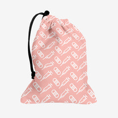 A pink dice bag with a white pattern of bandages and vaccines.