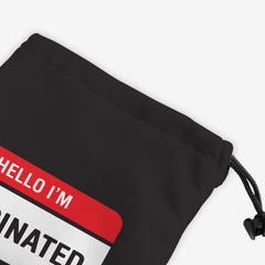 A close-up of a black dice bag with a red and white label at the center. The red part of the label reads “Hello I’m” in white text. The white part of the label reads “Vaccinated” in black text.