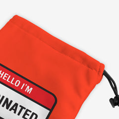 A close-up of a red dice bag with a red and white label at the center. The red part of the label reads “Hello I’m” in white text. The white part of the label reads “Vaccinated” in black text.