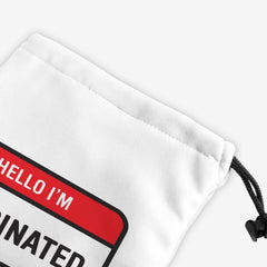 A close-up of a white dice bag with a red and white label at the center. The red part of the label reads “Hello I’m” in white text. The white part of the label reads “Vaccinated” in black text.