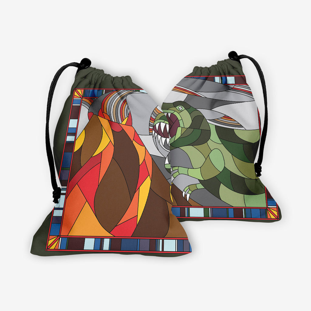Stained Glass Dinosaur Dice Bag - Inked Gaming - HD - Mockup - Green - F