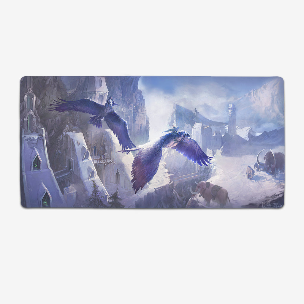 Eagle Riders XL extended Mousepad by Drawing Duskwolf. Two large blue eagles fly over a castle.