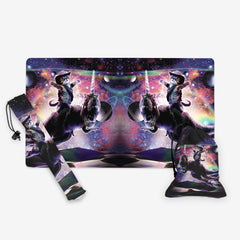GIFT BUNDLE: Galaxy Cat On Dinosaur Unicorn in Space Playmat, Playmat Bag, and Dice Bag