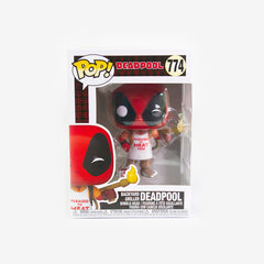 Deadpool Funko Pop! figure in a box. Deadpool a figure with a large head in a black and red mask winks as he holds a flamethrower. He has an apron on that reads "Pleased To MEAT You".