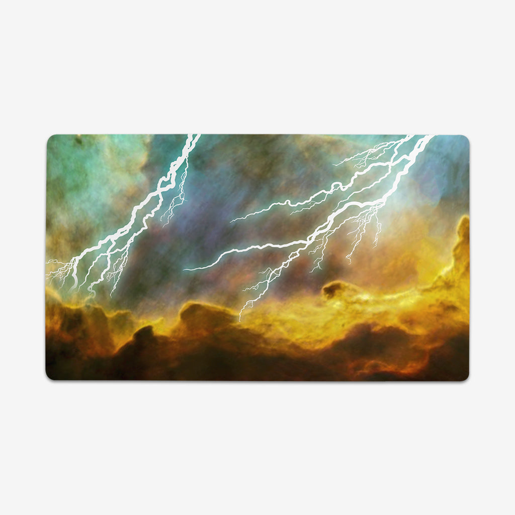 Heavenly Thunder playmat by Carbon Beaver. Blue and orange clouds produce lightning.