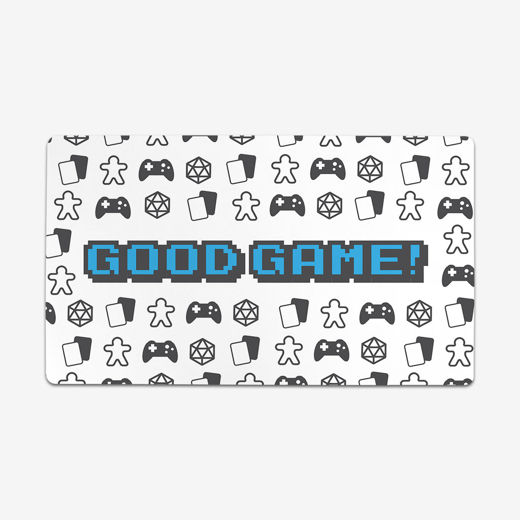 Blue version of the playmat Good Game by Inked Gaming. Dice, cards, gaming controllers, and tokens make a pattern around text that says "Good Game" in the center of this playmat.Good Game Playmat - Inked Gaming - EG - Mockup - Blue