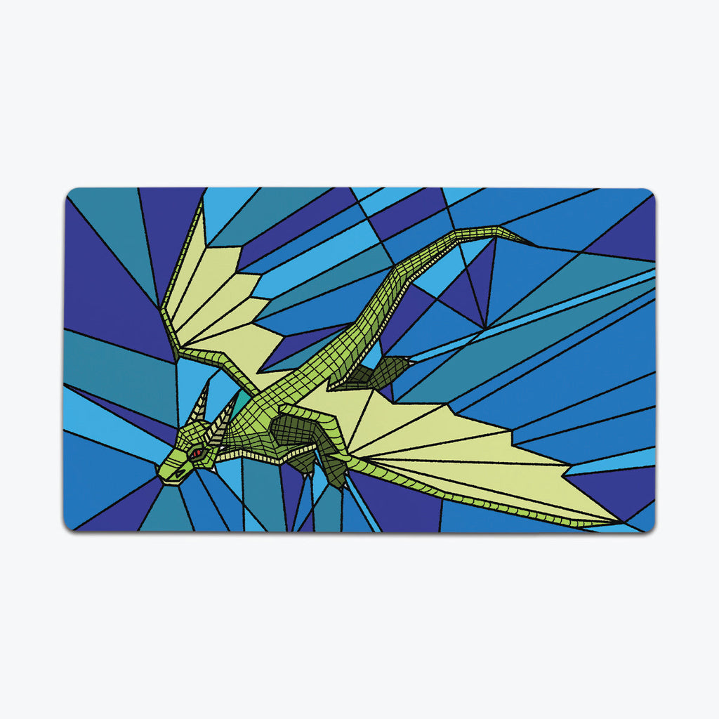 Stained Glass Flying Dragon Thin Desk Mat - Inked Gaming - EG - Mockup - Blue
