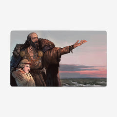 Pеrun And His Son Dajbog by Mark Hretskyi. A young boy and his father a older man with a beard look at the landscape during sunset.
