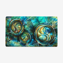 Playmat of Grid Lock by Michael Lang. Abstract blue, yellow, and green circles create an abstract pattern on this playmat.