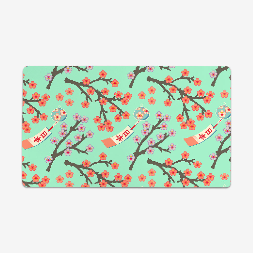 Pixel Sakura Thin Desk Mat - Rakkou Art - Mockup - Green