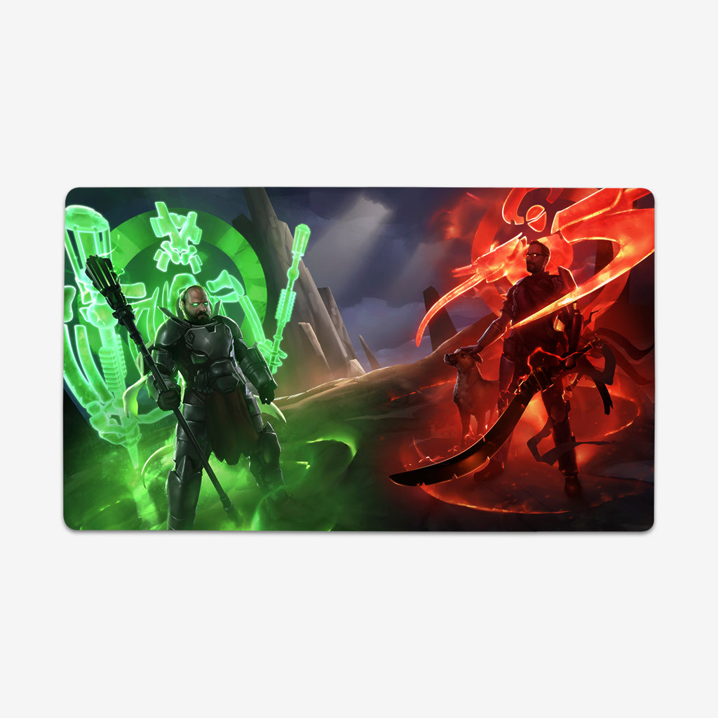 Battle Magic playmat by Tabletop Royale. Two people stand on opposite ends of this playmat. One is clouded in green the other in orange. They both have large dangerous weapons. 
