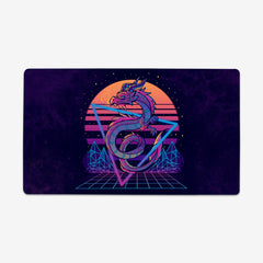 Retrwowave Dragon by TechraNova. A purple dragon wearing sunglasses flies through a triangle with a sunset behind it.