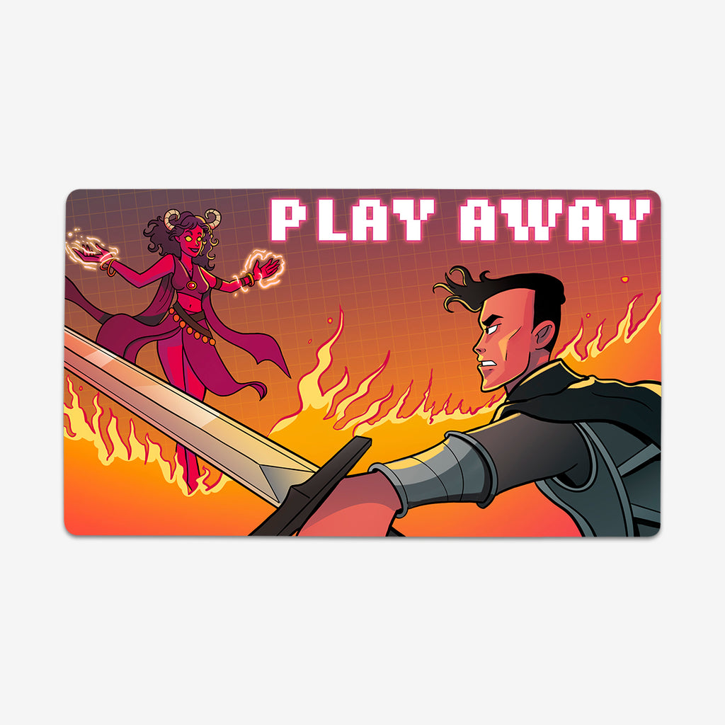 Play Away by The Pioneer Perspective. A man in armor holds a sword getting ready to fight a red tiefling woman with glowing hands. Between them is a wall of fire. Text in the upper right corner reads 'Play Away'.