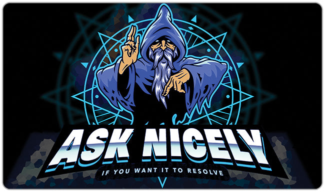 Ask Nicely Evil Wizard Playmat - Why Try Designs - Mockup - Blue