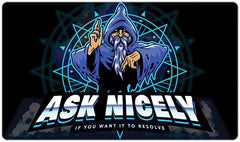Ask Nicely Evil Wizard Playmat - Why Try Designs - Mockup - Blue
