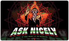 Ask Nicely Evil Wizard Playmat - Why Try Designs - Mockup - Orange