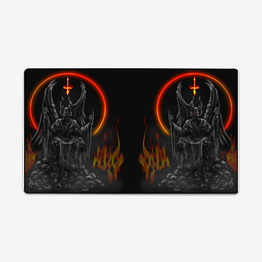 Wrong Heaven by Why Try Designs. On half of the playmat a black and gray demon sits on a throne on top of a pile of skulls. There is a ring of fire behind the demon creating a halo, and flames coming off of the skulls. This image is reflected on the other side of the playmat.